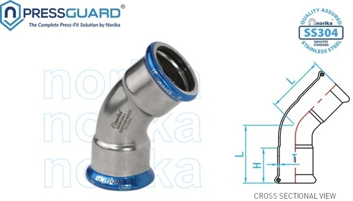 Norika SS304 Press Fit 45 Degree Elbow Fitting M-Profile Connection Detail